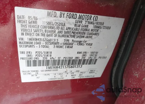 2007 Mercury Montego Premier from USA, damaged, VIN 1MEHM42157G601313